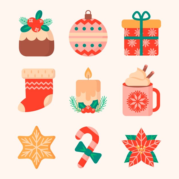 Colección de elementos de diseño plano para la celebración de la temporada navideña.