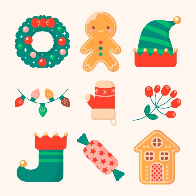 Colección de elementos de diseño plano para la celebración de la temporada navideña.