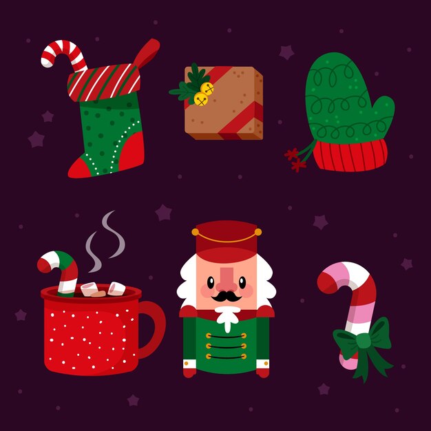 Colección de elementos de diseño plano para la celebración de la temporada navideña.
