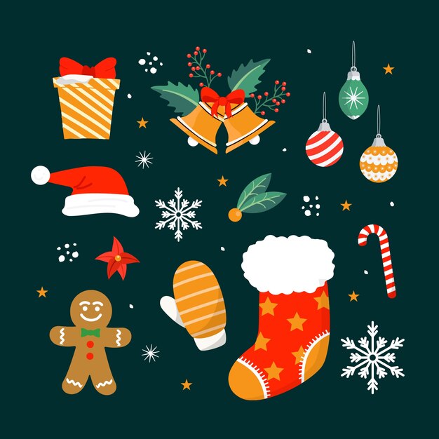 Colección de elementos de diseño plano para la celebración de la temporada navideña.