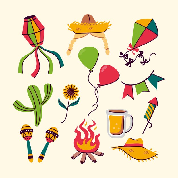 Colección de elementos de diseño plano para celebraciones brasileñas festas juninas
