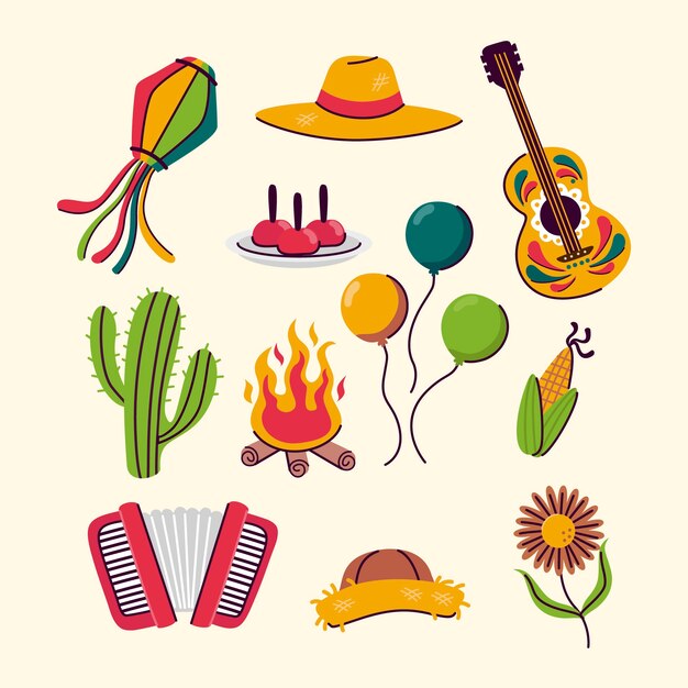 Colección de elementos de diseño plano para celebraciones brasileñas festas juninas