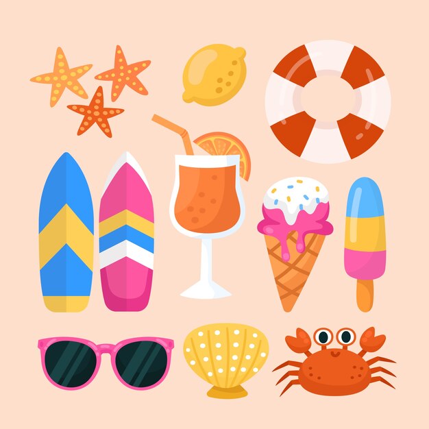 Colección de elementos de diseño plano para el verano