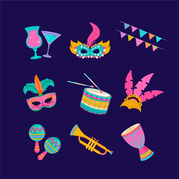 Colección de elementos de diseño planos para el carnaval brasileño