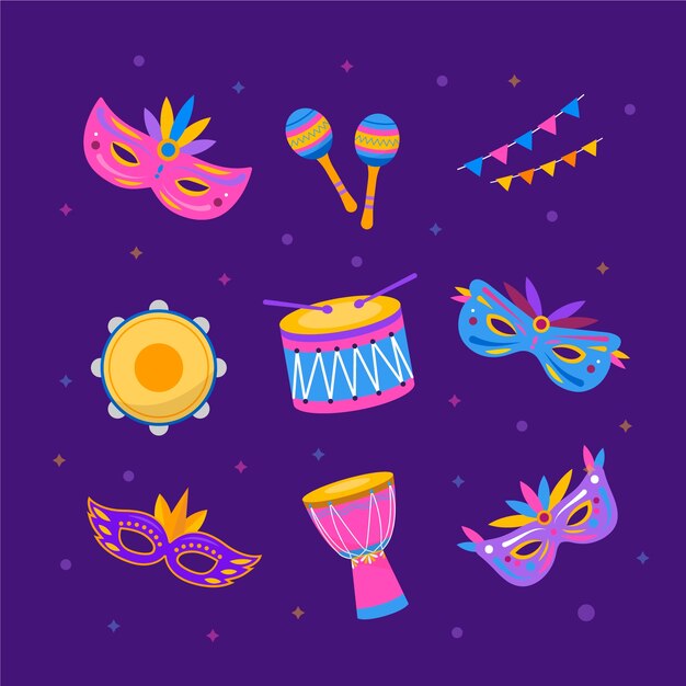 Colección de elementos de diseño planos para la celebración del carnaval brasileño