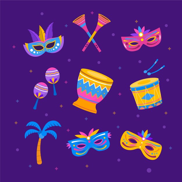 Colección de elementos de diseño planos para la celebración del carnaval brasileño