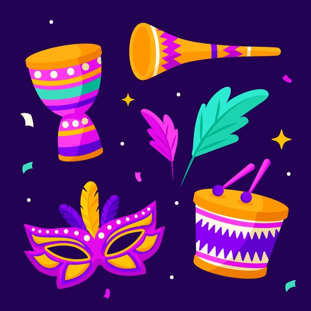 Colección de elementos de diseño planos para la celebración de fiestas de carnaval