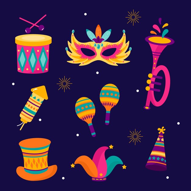 Colección de elementos de diseño planos para la celebración de fiestas de carnaval