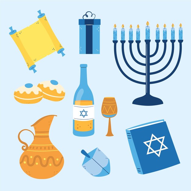 Colección de elementos de diseño planos para la celebración judía de Hanukkah