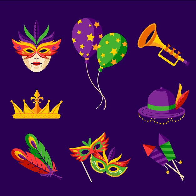 Colección de elementos de diseño planos para el festival de Mardi Gras
