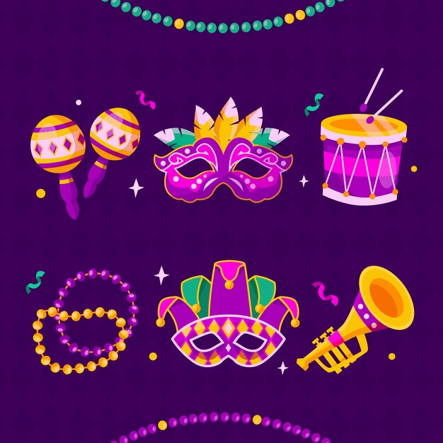 Colección de elementos de diseño planos para el festival de Mardi Gras