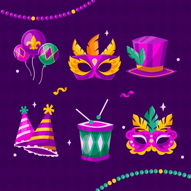 Colección de elementos de diseño planos para el festival de Mardi Gras