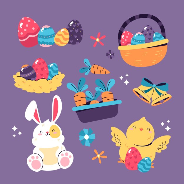 Colección de elementos de diseño planos para las vacaciones de Pascua.