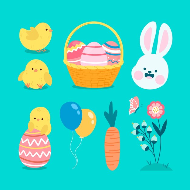Colección de elementos de diseño planos para las vacaciones de Pascua.