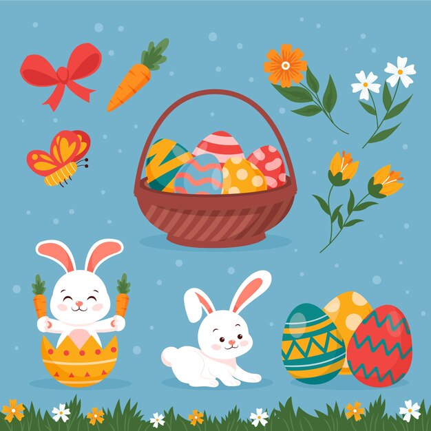 Colección de elementos de diseño planos para las vacaciones de Pascua.