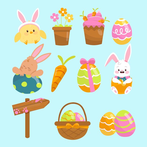 Colección de elementos de diseño planos para las vacaciones de Pascua.
