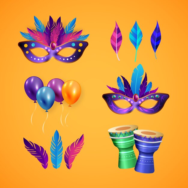 Colección de elementos de diseño realistas para la celebración de fiestas de carnaval