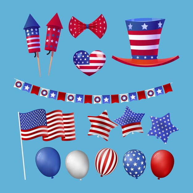 Colección de elementos de diseño realistas para la celebración navideña del 4 de julio en Estados Unidos