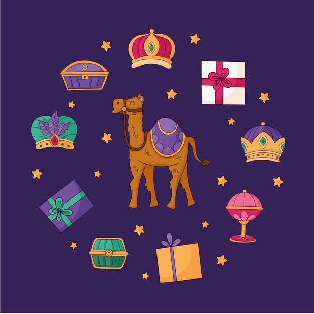 Colección de elementos de diseño de reyes magos dibujados a mano
