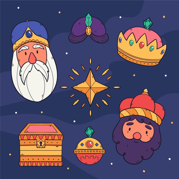 Colección de elementos de diseño de reyes magos dibujados a mano