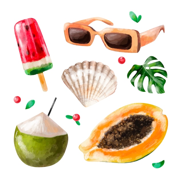 Colección de elementos de diseño de verano en acuarela