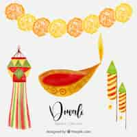 Vector gratuito colección de elementos de diwali en acuarela