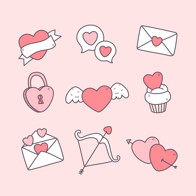 Colección de elementos Doodle de San Valentín