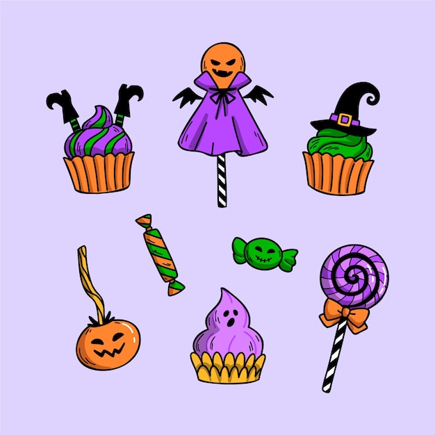 Colección de elementos de dulces de halloween dibujados a mano