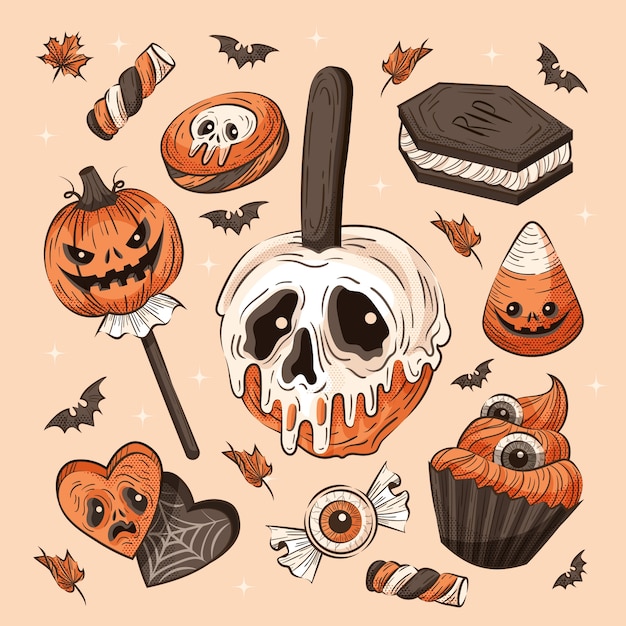 Vector gratuito colección de elementos de dulces vintage de halloween dibujados a mano