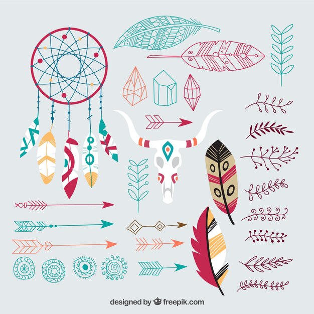 Colección de elementos de estilo boho dibujados a mano