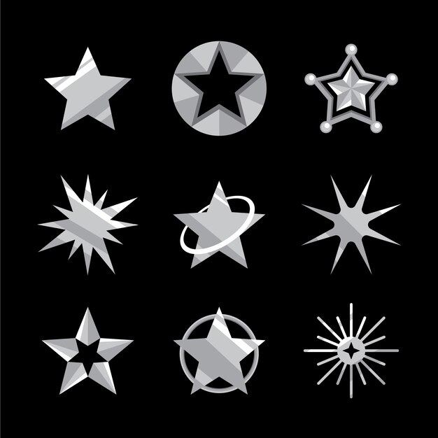 Colección de elementos de estrellas plateadas de diseño plano