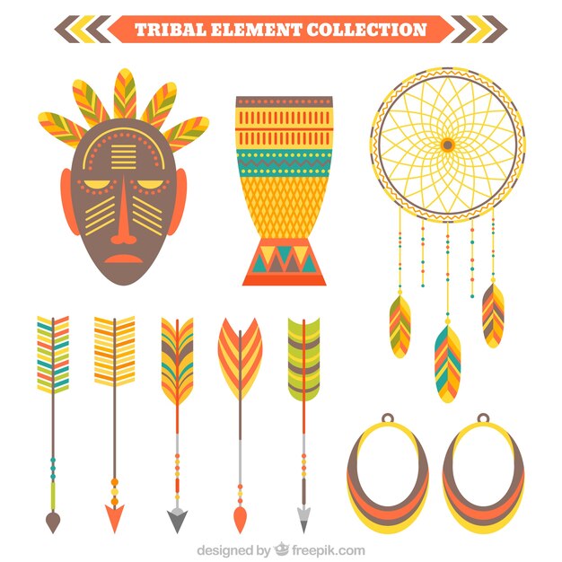 Colección de elementos étnicos con máscara 