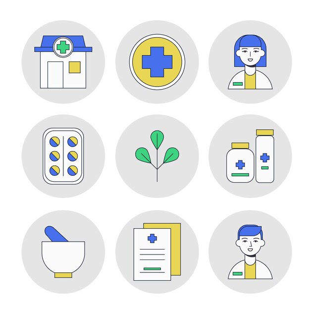 Colección de elementos farmacéuticos ilustrados.