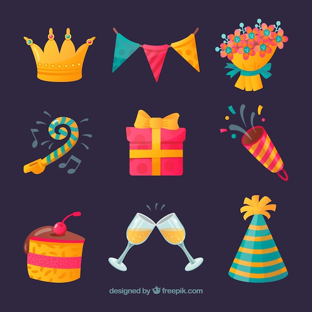 Colección de elementos de feliz cumpleaños en estilo plano