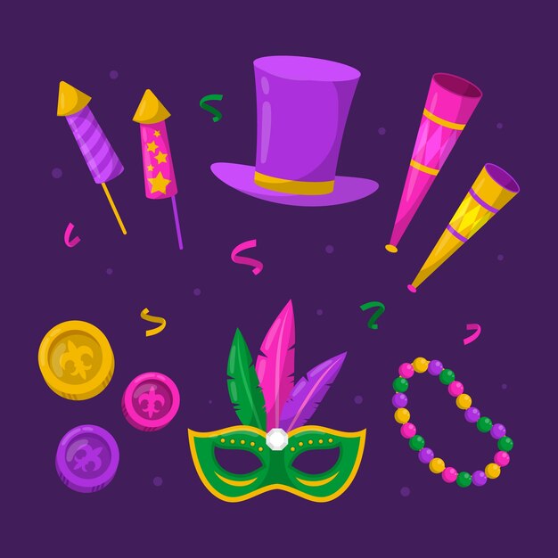 Colección de elementos del festival flat mardi gras