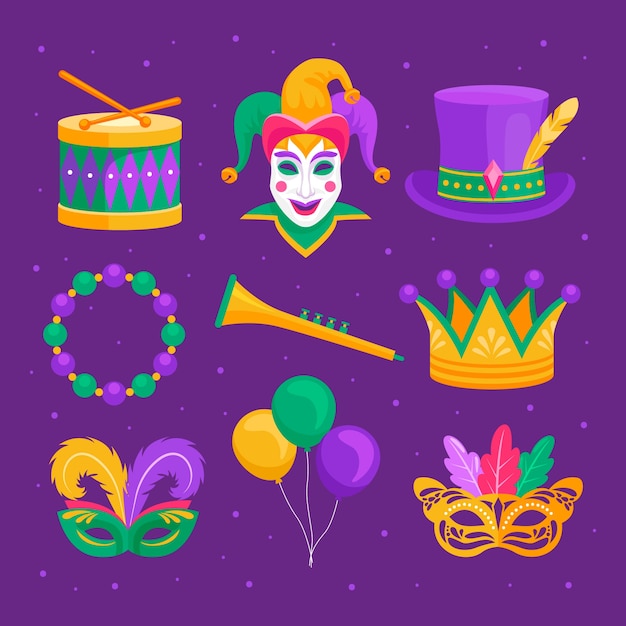 Colección de elementos del festival flat mardi gras