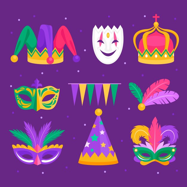 Colección de elementos del festival flat mardi gras