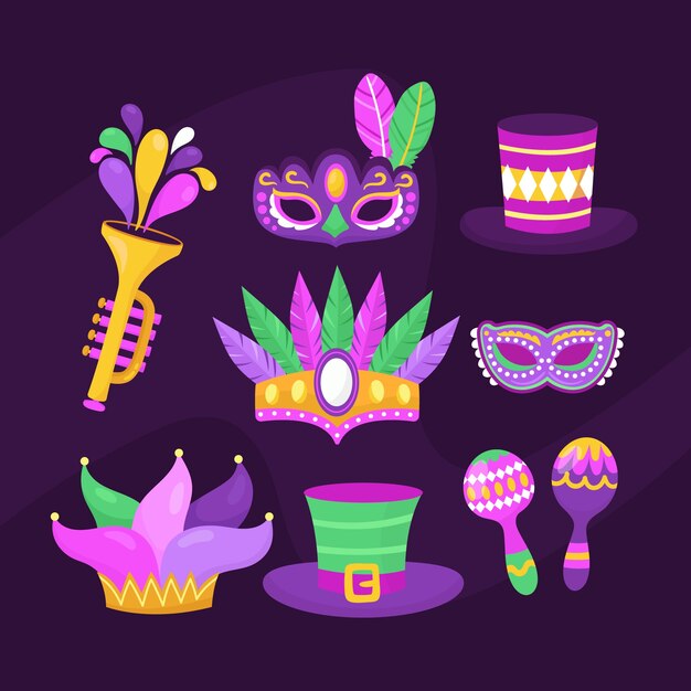Colección de elementos del festival flat mardi gras