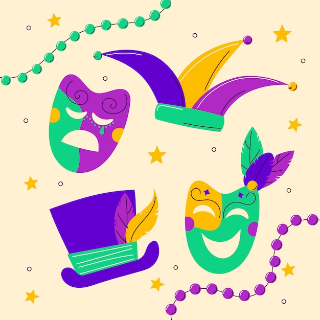 Vector gratuito colección de elementos del festival flat mardi gras