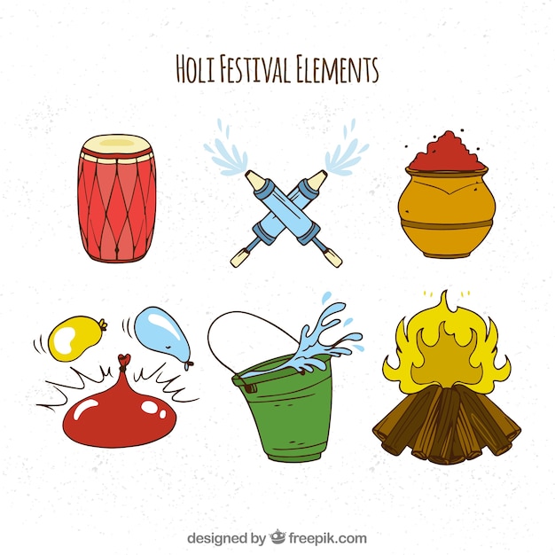 Vector gratuito colección de  elementos del festival holi dibujados a mano