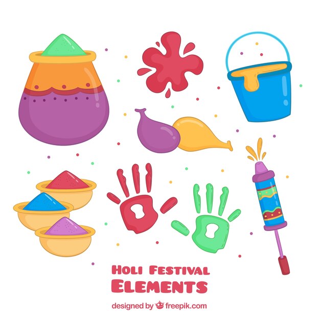 Colección de  elementos del festival holi dibujados a mano