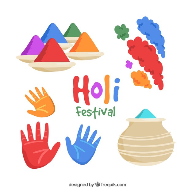 Colección de  elementos del festival holi dibujados a mano