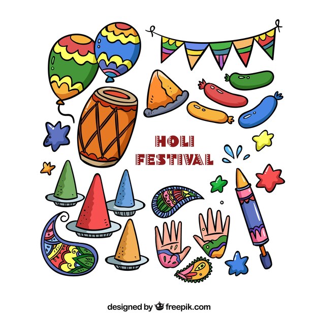 Colección de elementos para el festival de holi dibujados a mano