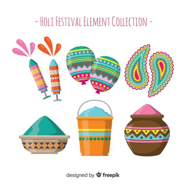 Colección elementos festival holi dibujados a mano