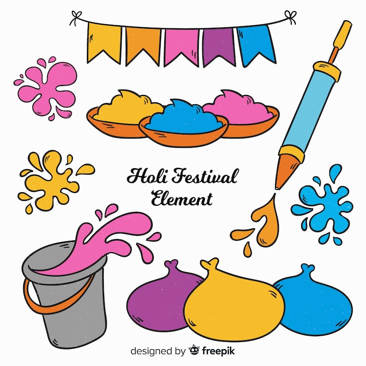 Vector gratuito colección elementos festival holi dibujos animados