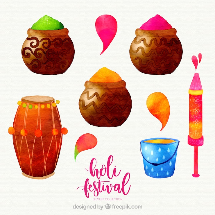 Vector gratuito colección de elementos para el festival de holi en estilo de acuarela