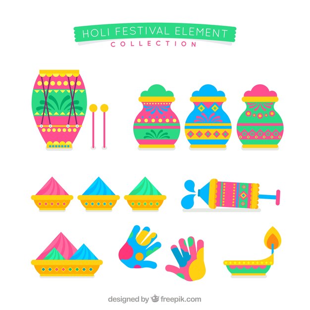 Colección de elementos del festival holi