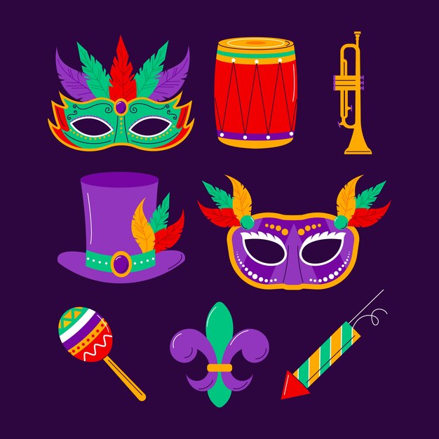 Colección de elementos del festival de Mardi Gras