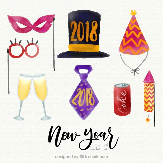 Colección de elementos de fiesta de año nuevo con acuarela en diferentes colores