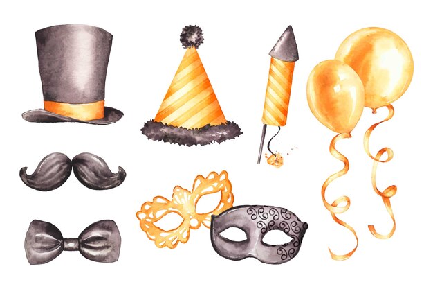 Colección de elementos de fiesta de año nuevo de acuarela